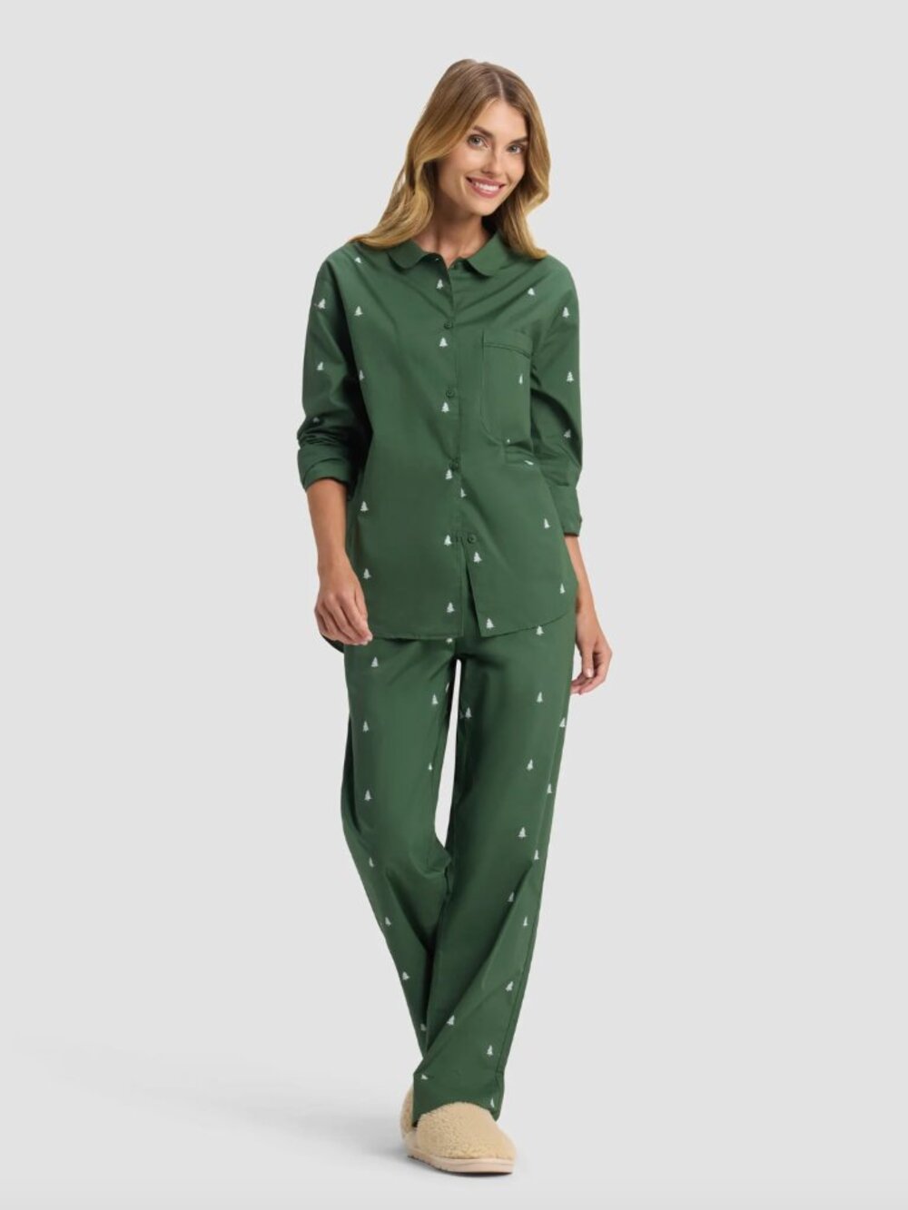 Cozy Earth Sutton Holiday Pine Tree Long Sleeve Cotton Pajama Pants Set Green, M